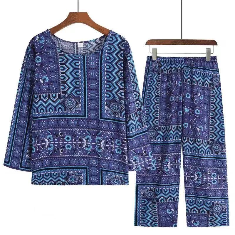 Mom Long-sleeved Home Wear Set Women's Retro Floral Printing Pajamas Ethnic Style Middle-aged Elderly Large Size Loose Pajamas Two-piece Set