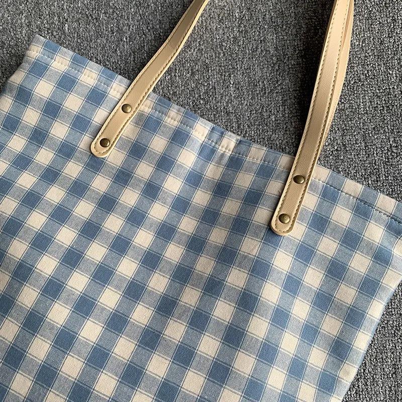 Large-capacity Plaid Bag Women Canvas Bags Travel Casual Shoulder Handbag Simple Hobo Bags