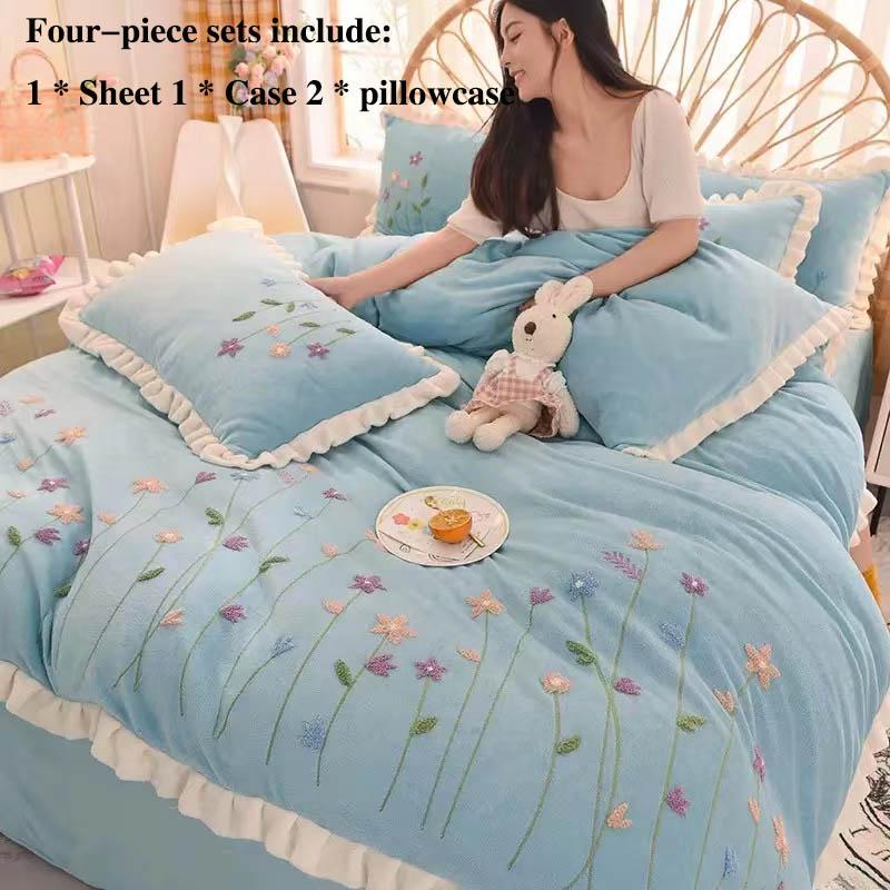 Milk Velvet Four-piece Autumn and Winter Thick Warm Double-sided Velvet Bed Single Is Set of Pillow Sets Set 1.8 Meters 2 Meter Bed Princess Wind