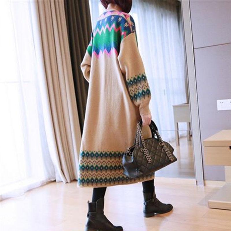 Vintage Rhombus Printed Knitted Cardigan Sweater Women Spring Autumn Oversized Knitted Jacket Loose Long Knitwear Outer Wear
