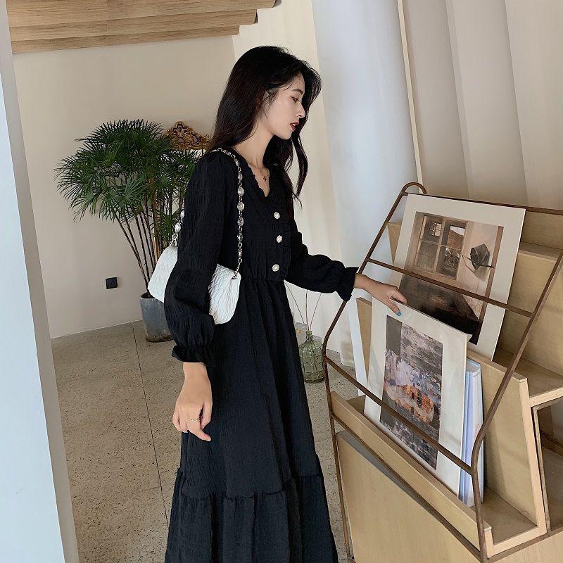 Hepburn Style French White Skirt Long-sleeved Dress Female Waist Was Thin and Temperament Mid-length Fairy Skirt