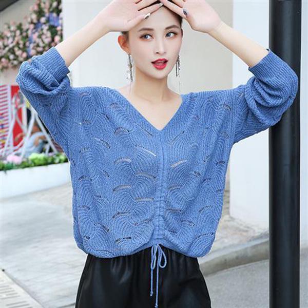 Spring and Autumn Style Hollow Loose Knit Sweater Women V-neck Slim-fit Warm Sweater Long-sleeved Pullover Casual Top