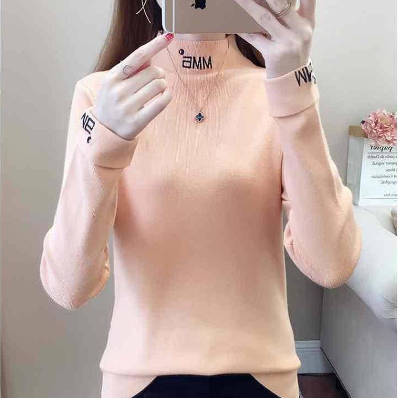 Pofulove Women Letter embroidered turtleneck sweater pullover winter slim knit bottoming sweater