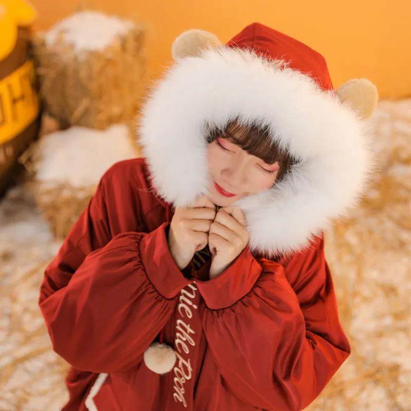 Big Fur Collar Padded Jacket Winter Clothes Cute Bear Ears Hair Ball Mid-length Plus Velvet Thick Padded Coat Student Girl