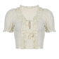 Women's T-shirt Ruffles Lace Up Sweet Cropped Tops Summer Knitted Casual Puff Sleeve Chic Y2K T-shirts Elegant Fashion Korean Tee