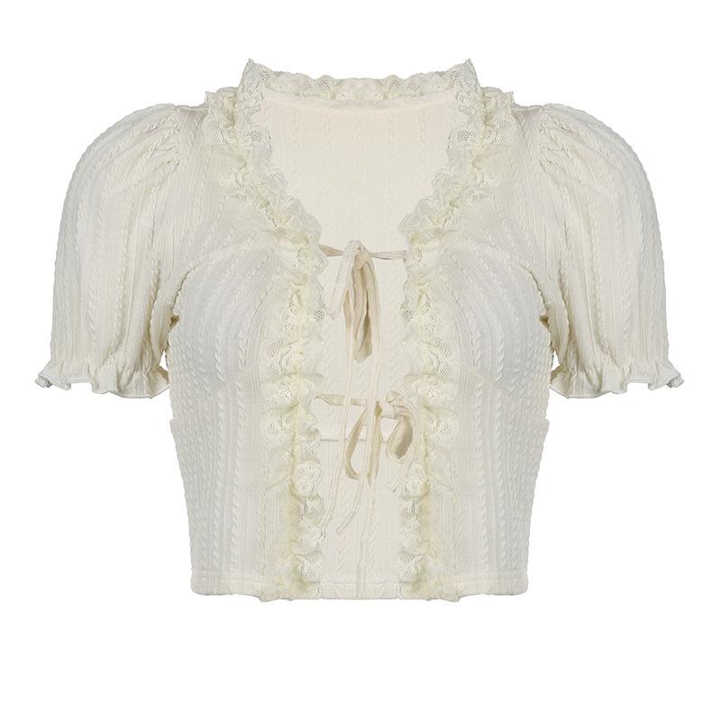 Women's T-shirt Ruffles Lace Up Sweet Cropped Tops Summer Knitted Casual Puff Sleeve Chic Y2K T-shirts Elegant Fashion Korean Tee