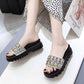 Size35-40 Summer Women Slippers Bohemian Beach Wear-resistant Non-slip Slippers Wedge Platform Leopard Print Sandals Outdoor Crystal High Heels