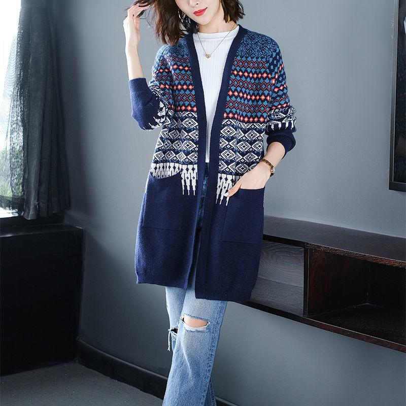 Spring and Autumn Knitted Cardigan Sweater Mid-length Loose Casual Sweater Fashion Jacquard Female Jacket