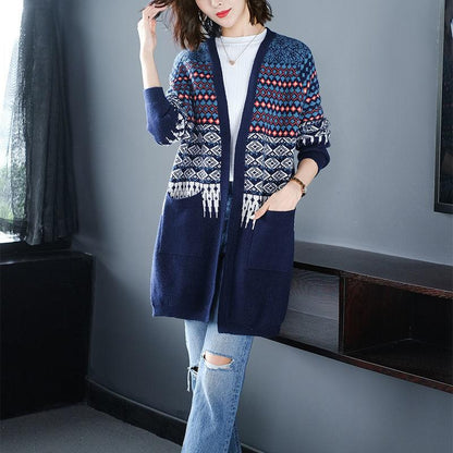 Spring and Autumn Knitted Cardigan Sweater Mid-length Loose Casual Sweater Fashion Jacquard Female Jacket