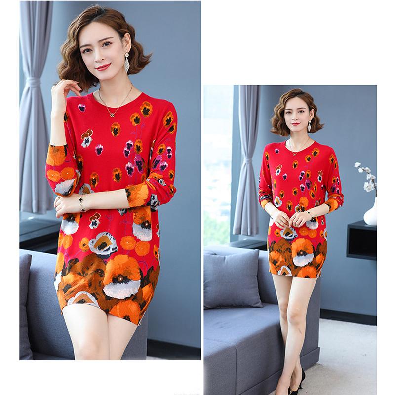 Mid-length Autumn and Winter Women's Printed Sweater Round Neck Casual Sweater Fashion Casual Long Sweater