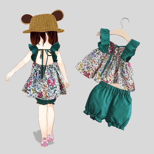 Girls' Clothing Suits Two-piece Cotton Floral Two-piece Sleeveless Children's Suits Casual Fashion Girls' Clothes Suits