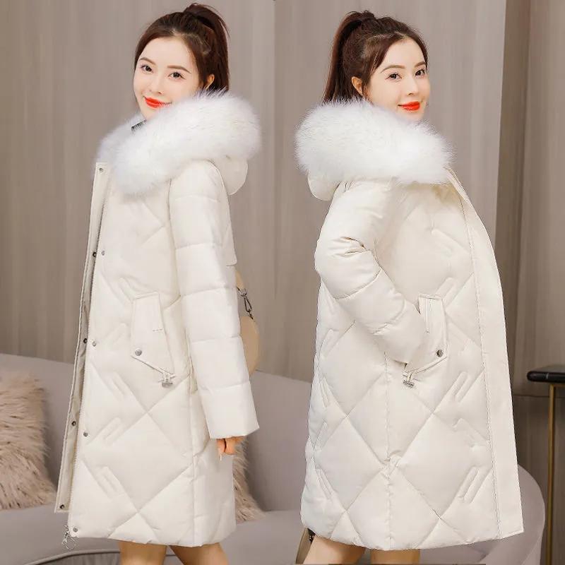 Winter Women's Long Jacket Casual Warm Coat Hooded Fur Collar Slim Padded Jackets Outwear Solid Color Zipper White Balck