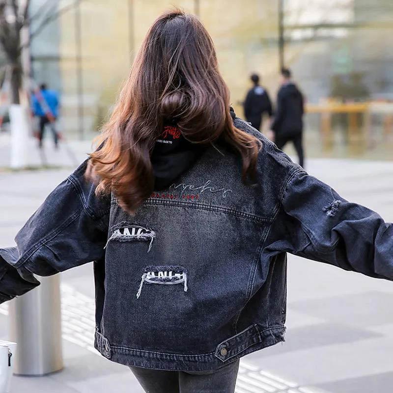 Loose Hooded Denim Jacket Women's Spring and Autumn Models with Broken Holes Embroidered Thin Black Jacket Top Trend