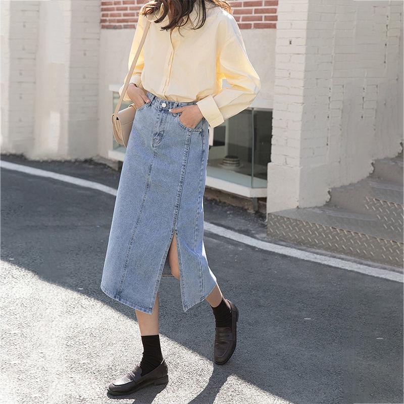 Long Skirt Women Solid Split Denim Skirt High Waist Over The Knee Hip Skirt Casual Club Home Office