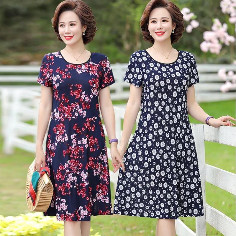 Floral Holiday Style Middle-aged and Elderly Plus Size Women's Dress Short-sleeved Mother Dress Long Skirt Slim Skirt