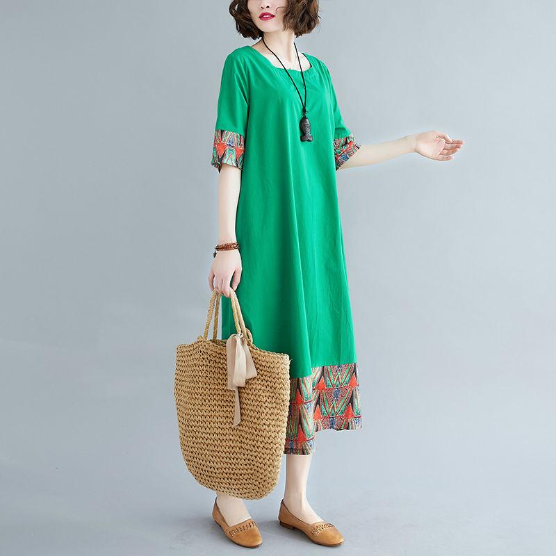 Retro Hit Color Stitching Print Short-sleeved Dress Large Size Loose Age-reducing Mid-length Skirt Female Round Neck Large Size Dress