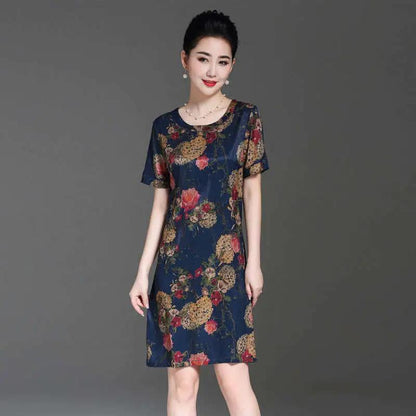 Women's Summer Plus Size Loose Long Dress Print Slim Skirt Mother Dress