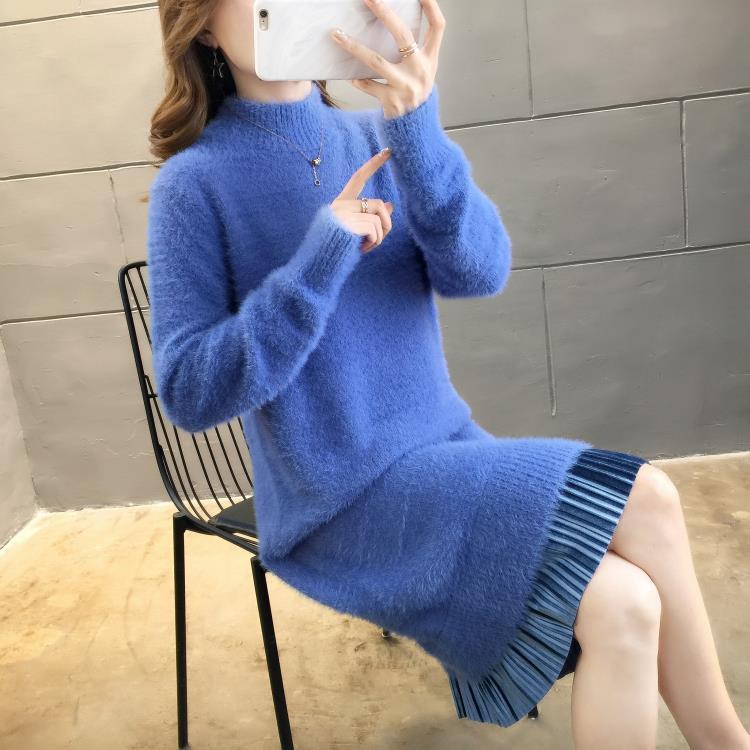 Long Faux Mink Fleece Sweater Winter Bottoming Sweater Thick Warm Knitted Lace Stitching Mohair Sweater Dress