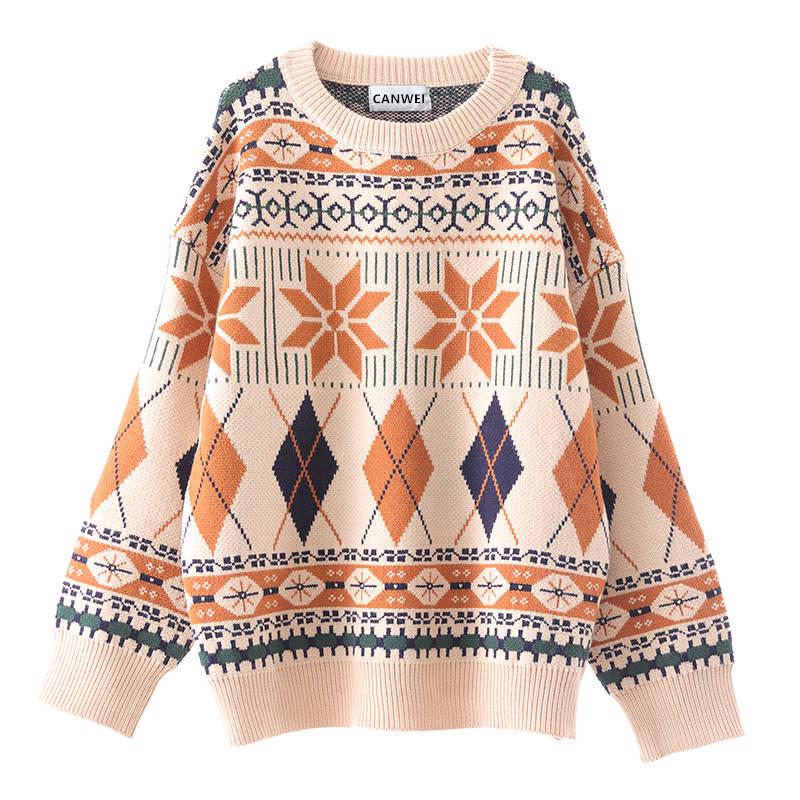 2 Colors Couple Sweater Winter Snowflake Print O-neck Loose Knitwear Retro Unisex Pullover