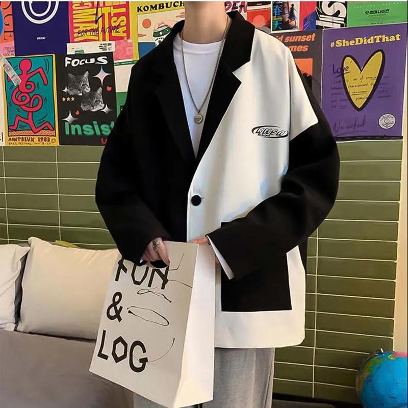 High-quality Contrast Color Stitching British Style Suit Men's Autumn Casual Loose Suit Jacket Long-sleeved Warm Mid-length Windbreaker