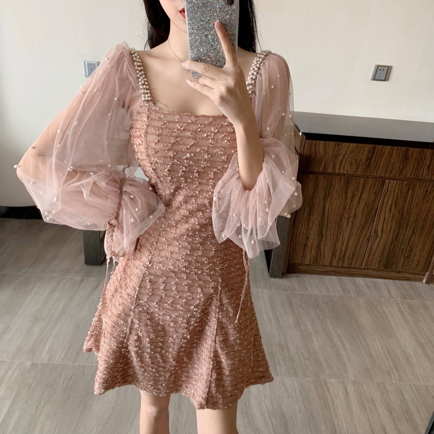 Spring Women's Temperament Mid-length Mesh Gauze Stitching Long Sleeves Waist Slimming Dress
