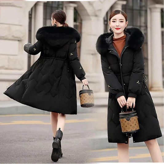 Embroidered Down Cotton Jacket Women's Mid-length Winter Style Loose Waist Cotton-padded Jacket Thick Coat
