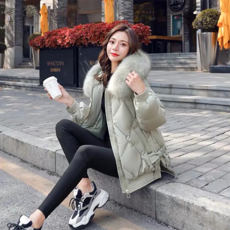 Women's Solid Color Down Jacket Regular Korean Loose Thick Coat Warm Cotton Coat Big Fur Collar Winter Clothes Quilted Coat