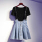 Women Black Pullover Round Neck T-shirt+strap Denim Dress 2pcs Denim Skirt T-shirt Suit