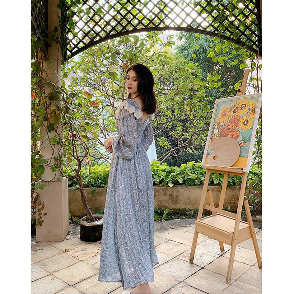 Summer Women Dress for Ladies Long Sleeve Vintage Chiffon Shirt Dress Casual Floral Long Dress