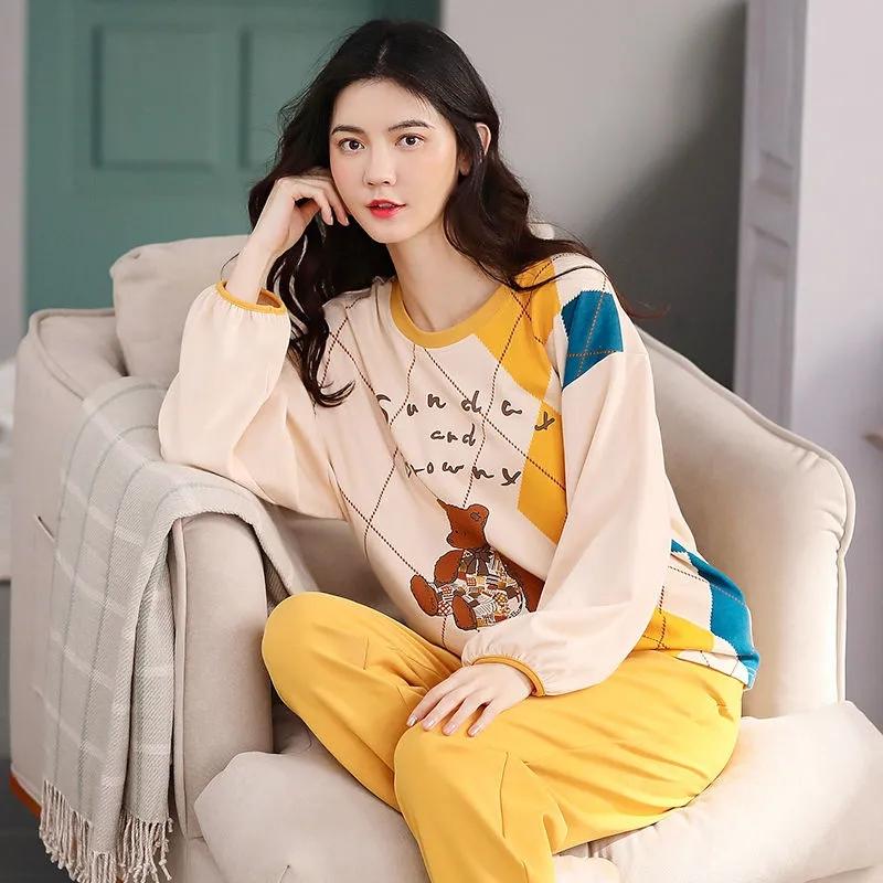 Women Pajamas Set Casual Loose Pyjamas Suit Cartoon Cute Sleepwear Pullover Tops and Pants Sets Female Long Sleeve Homewear Round Neck Nightwear