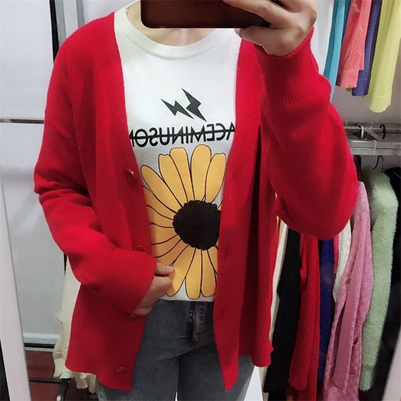 Lazy Style Sweater Jacket Female Net Red Korean Version of The V-neck Student Shirt Loose Knit Cardigan Solid Color