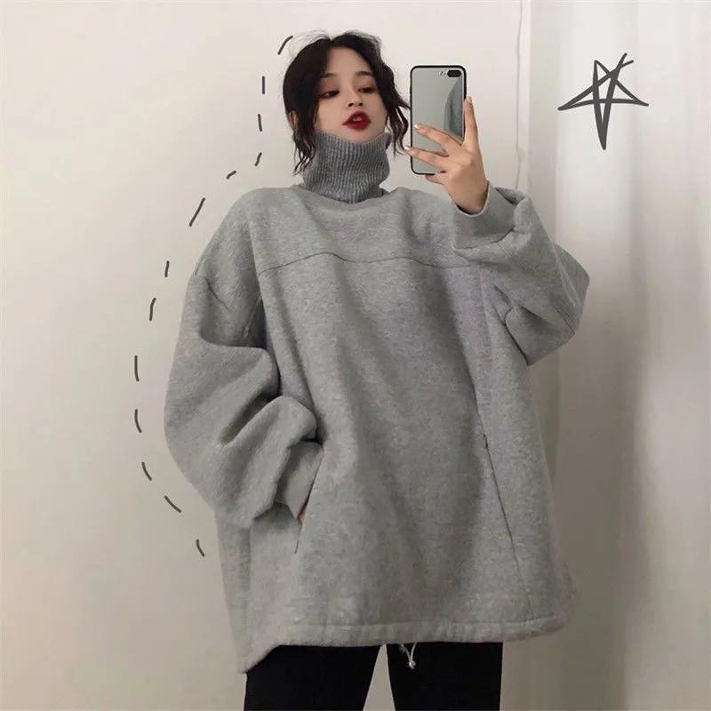 Winter Hoodies Turtleneck Pullover Sweatshirts Oversized Loose Casual Harajuku Tracksuit Fleece Warm Top Clothes Women Sport Shirts Knitted Collar