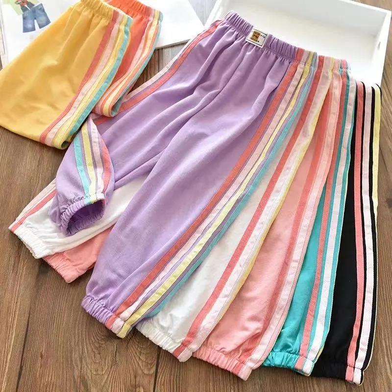 Girls' Ice Silk Cotton Rainbow Striped Casual Mosquito Pants Big Children's Baby Thin Sports Trousers Summer