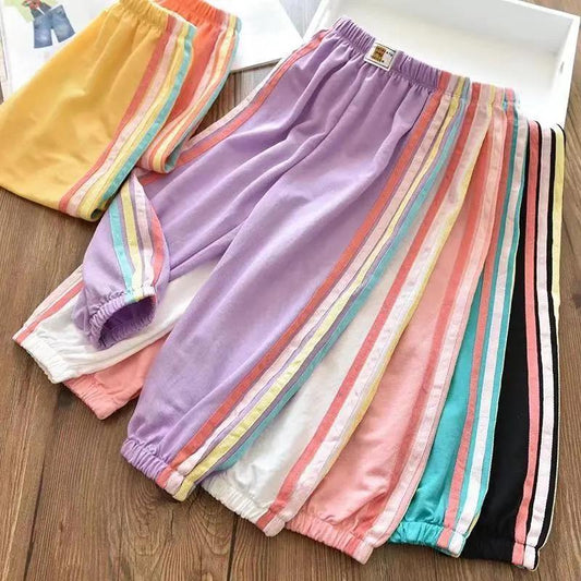 Girls' Ice Silk Cotton Rainbow Striped Casual Mosquito Pants Big Children's Baby Thin Sports Trousers Summer