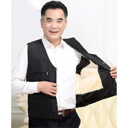 Men's Autumn and Winter Warm Cotton Vest Middle-aged and Elderly Wool Liner Padded Business Casual Loose Waistcoat Top Cardigans Vest Coat