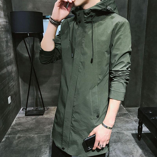 Spring Men Waterproof Windbreaker Hooded Jacket Casual Loose Comfortable Parka Solid Color Trend Coat Long