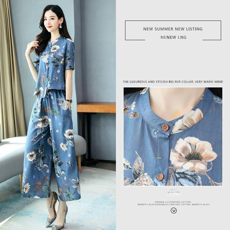 Retro Print Fashion Suit Women's Summer Loose and Thin Temperament Wide-leg Pants Two-piece Casual Suit Retro Chinese Style