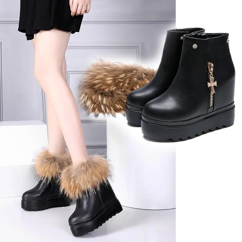 Women's Snow Boots Leather Wedges Non-slip Boots High Heel Women's Ankle Boots with Detachable Fur