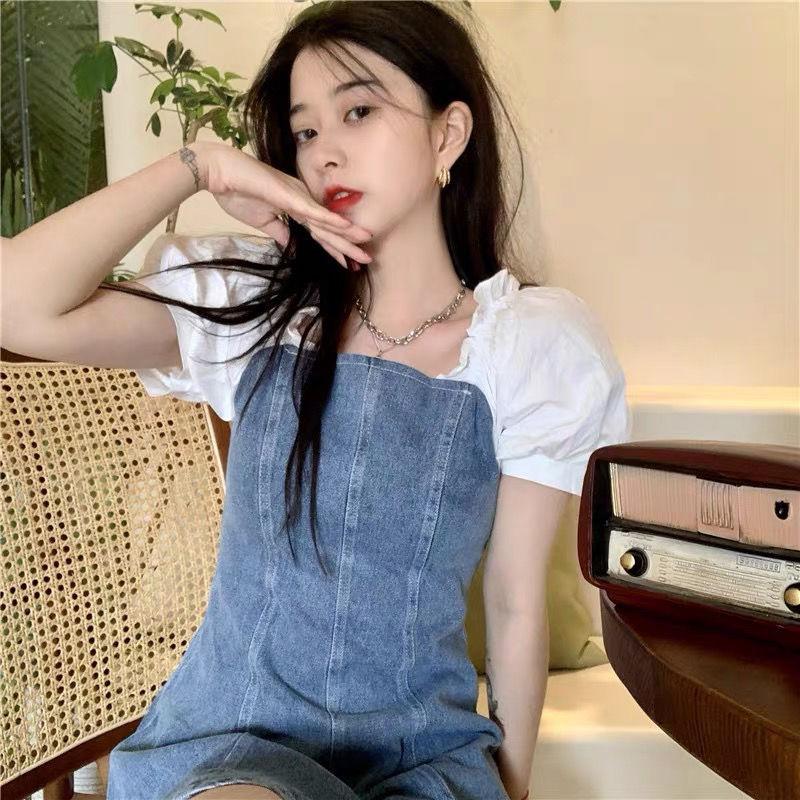 Women's Denim Dress Puff Sleeves Spring and Summer Sexy Short Dress Daily Wear Office Dating Party  A-line Dress