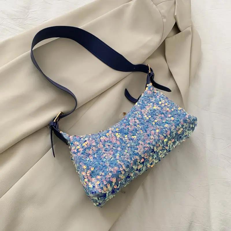 Shiny Sequins PU LeatherElegant Baguette Bag Armpit Bag for Women Shoulder Handbags Lady Simple