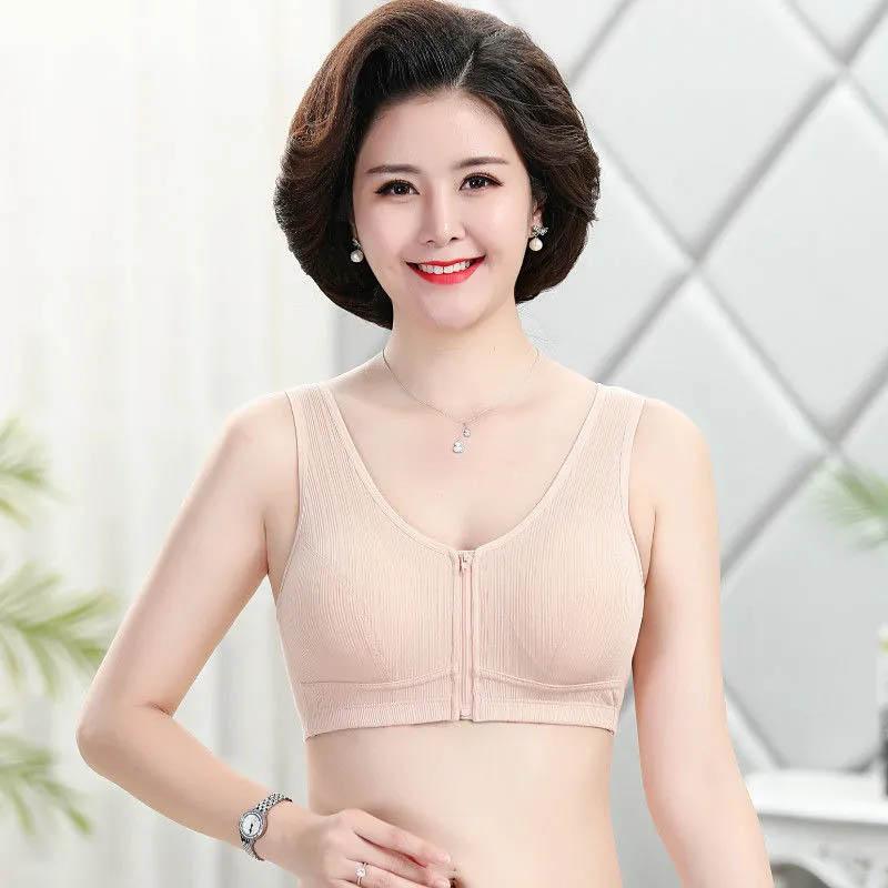 Large Size Zipper Front Buckle Gathering Underwear Thin Simple Glossy Full Cup Cotton Tank Top Bra