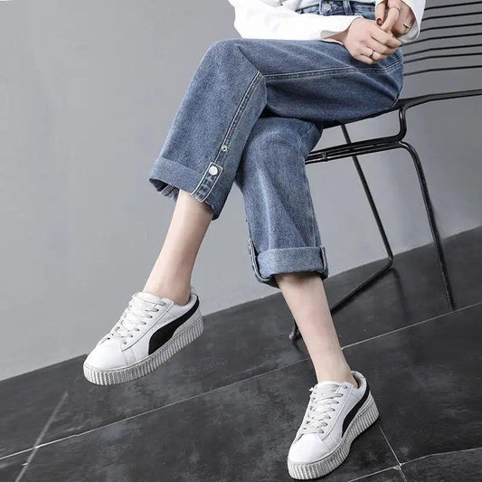 Spring and Autumn High-waist Jeans Girls Korean Style Loose Students All-match Casual Nine-point Straight Women's Pants