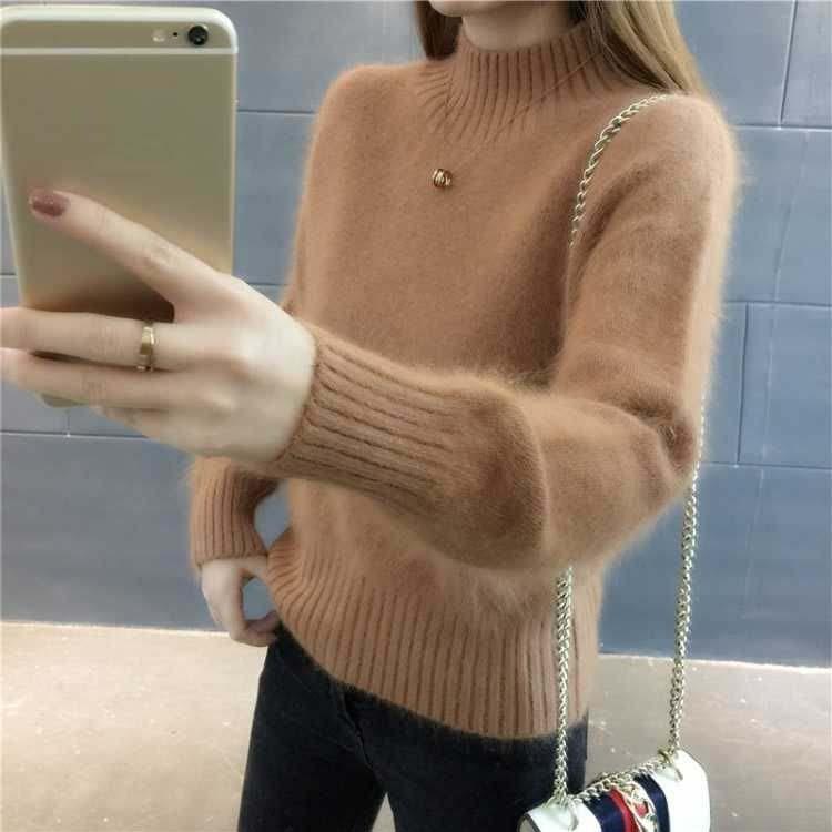 Mohair Half Turtleneck Sweater Short Loose Knit Top Fashion Casual Solid Color Sweater
