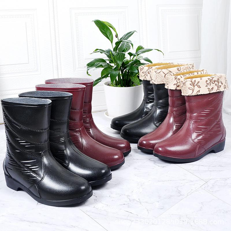 Ladies Rain Boots Mid Tube Faux Leather Anti-Slip Water Shoes Water Boots Kitchen Waterproof Shoes