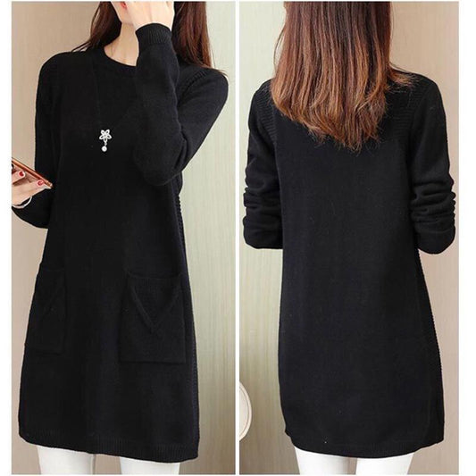 Lazy Style Slim-fit Sweater Women Loose Autumn and Winter Mid-length Knitted Bottoming Shirt Solid Color Round Neck Warm Sweater