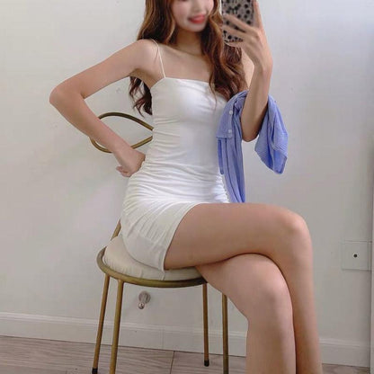 Minimalist Solid Color Sexy Tight-fitting Bag Hip Skirt Girls Nightclub Thin Shoulder Strap Base Suspenders Outer Dress
