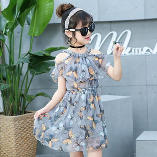 Children's Fashion Dress Girl Casual Off Shoulder Halter Above Knee Dresses Korean Girl's Dress Beach Dress Fold Print Butterfly