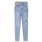 Light Blue Jeans Women's Trendy Ins High Waist Ripped Nine-point Pants 2022 Spring New Tight-fitting Skinny Pants