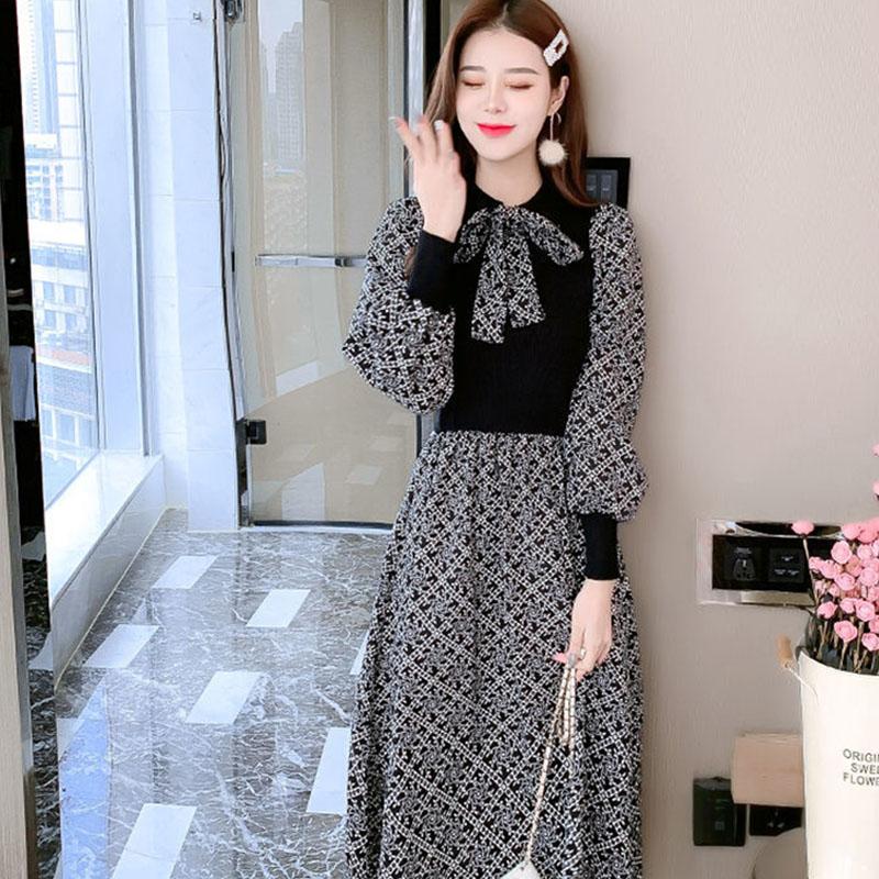 Women's Autumn and Winter Long-sleeved Dress Puff Sleeve Mid-length Floral Dress Knit Bottoming Bow Dress
