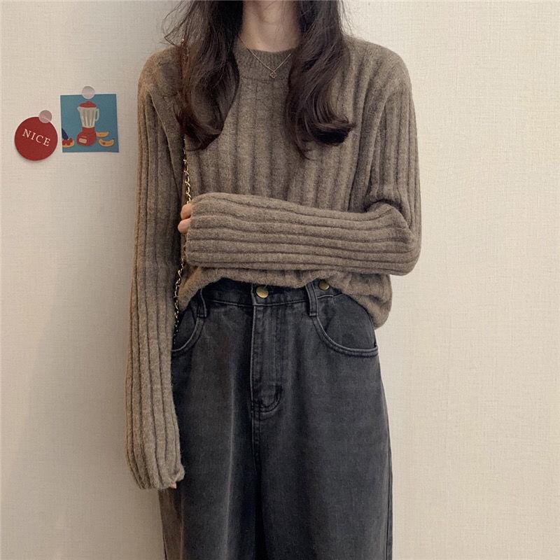 Autumn  Winter  Knitted Pullover Round Neck Versatile Thick Warm Woolen Sweater Bottoming Shirt  Vertical Stripes Loose